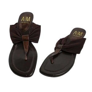 Ann Marino Leather Sandals Womens 7M Brown Mesh Kitten Heel Thong Minimalist